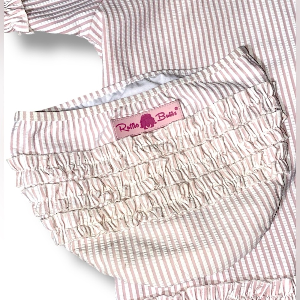RuffleButts Pink Seersucker Ruffled Rash Guard Bikini - Picture 2 of 5